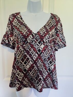 Trina Turk Burgundy Black Cream Plaid V-Neck Flutter Sleeve Top